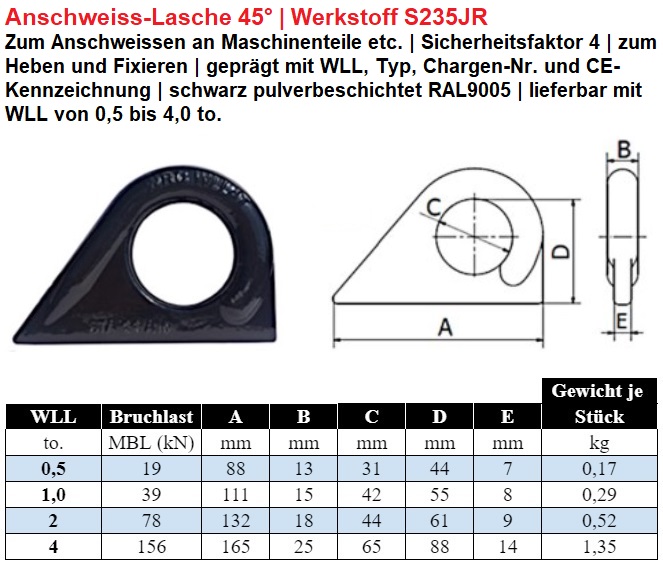 Anschweisslaschen 45 Grad Werkstoff S235JR