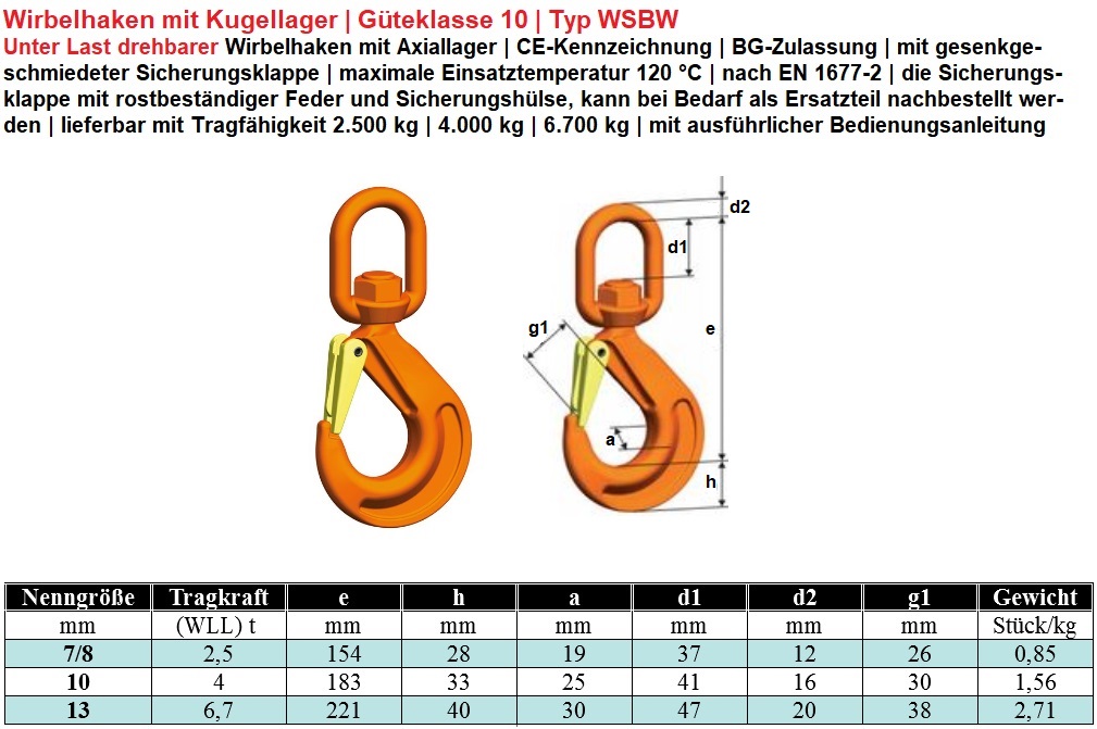 Kugelgelagerter Wirbelhaken GK10