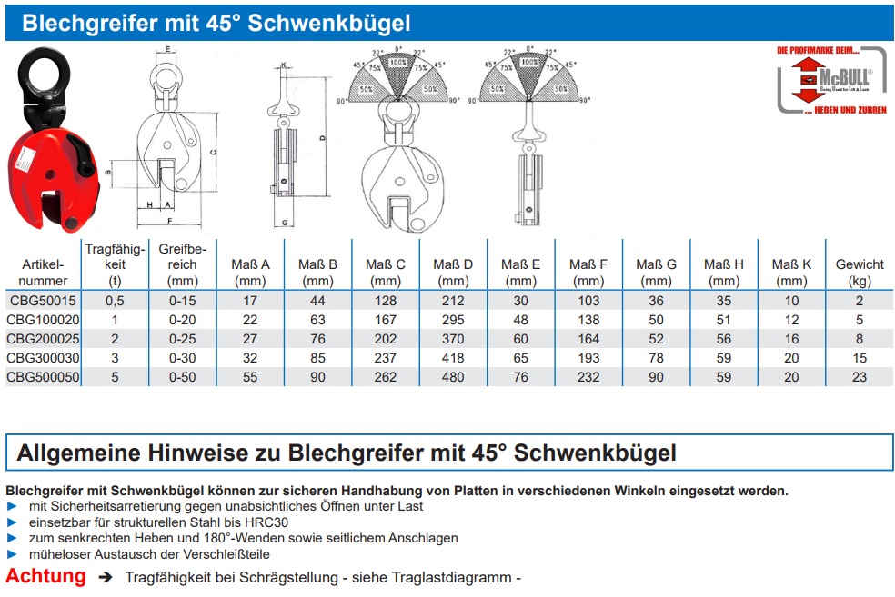 Blechgreifer mit 45° Schwenkbügel, Hebeklemmen/ Trägerklemmen, Hebezeuge, Hebetechnik Güteklasse 8 & 10, Hebetechnik