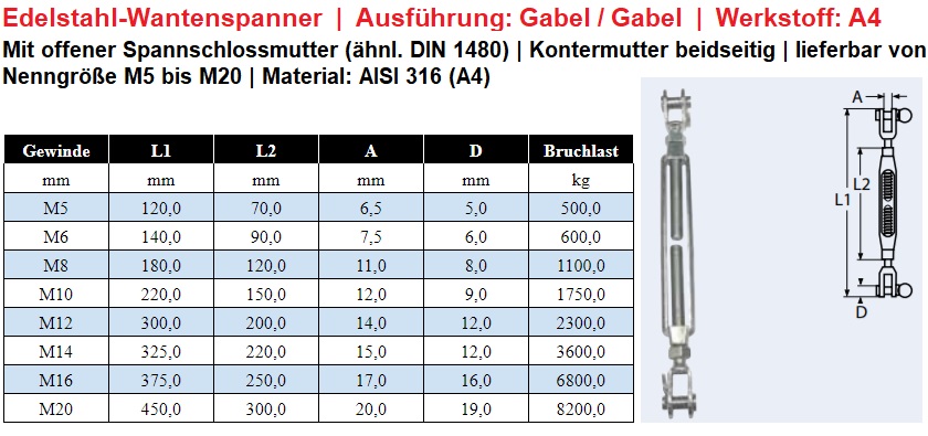 Edelstahl-Wantenspanner mit Gabel und Gabel und offener Ausführung