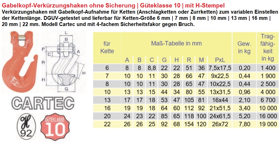 Gabelkopf-Verkürzungshaken ohne Sicherung Güteklasse 10