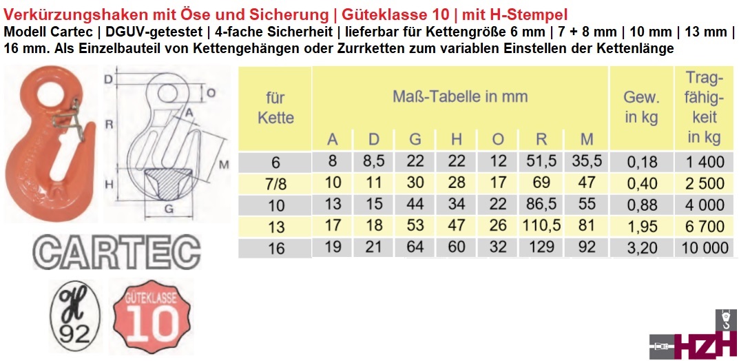 Verkürzungshaken mit Öse und Sicherung GK10